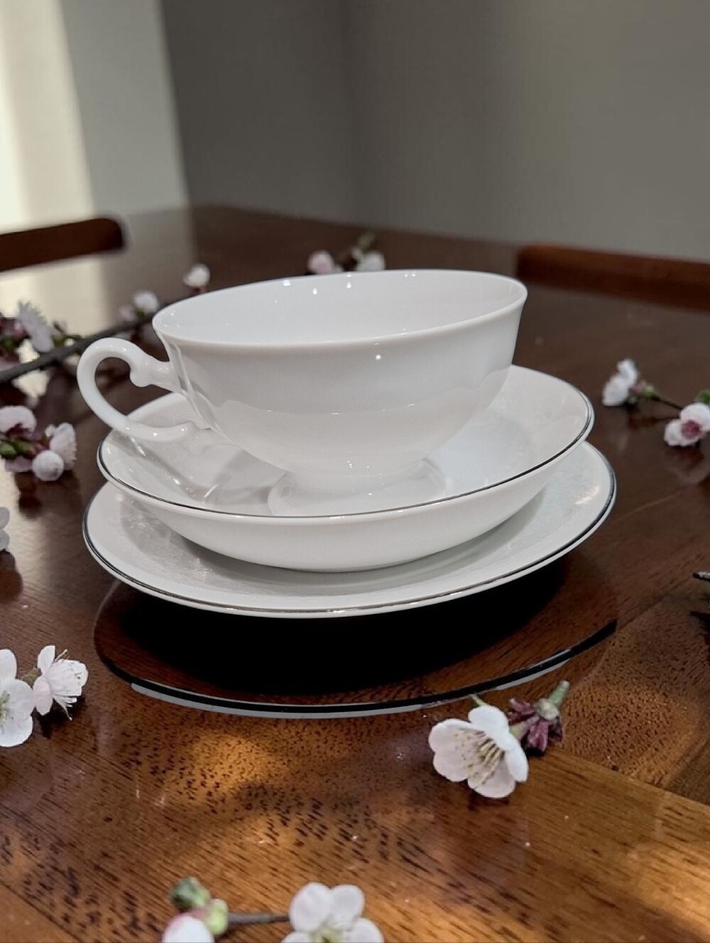White Porcelain Teacup, Saucer, Small Bowl Set